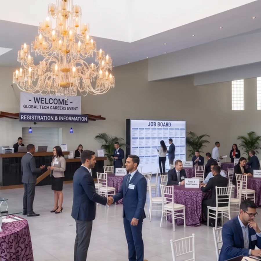 Evento corporativo en salón principal de Hacienda de Samotracia con candil, mesas y asistentes.