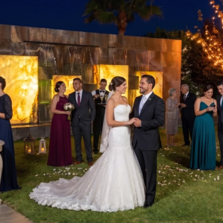 Boda en jardín exterior de Hacienda de Samotracia de noche con fuentes iluminadas y luces decorativas.